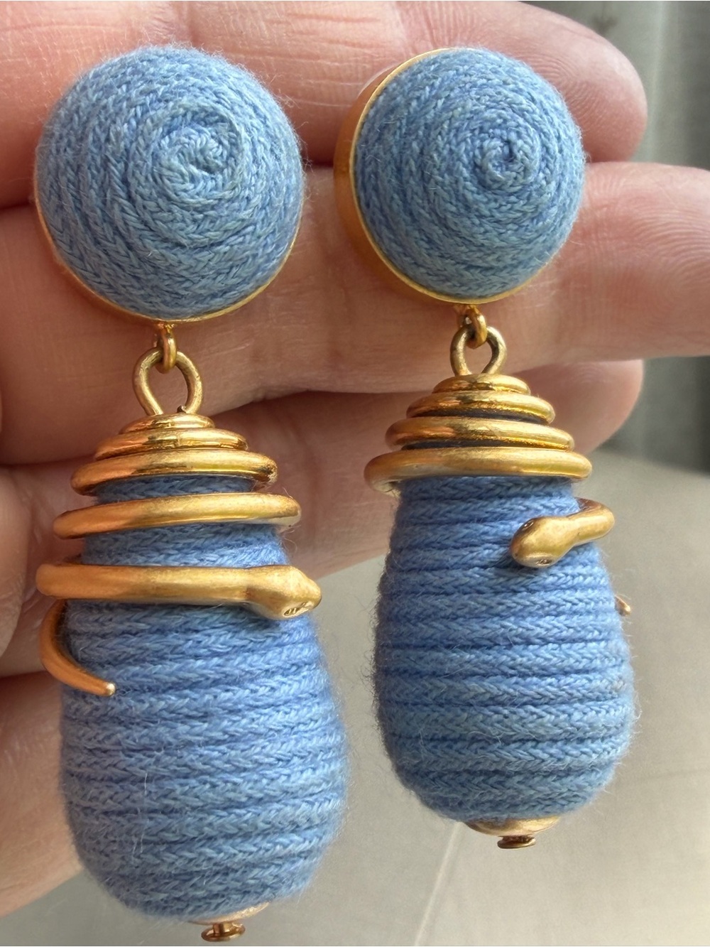 Hand-Wrapped Light Blue Woven Textile Drop Earrings with Gold Serpent Accents - Picture 13 of 13